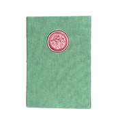 Green textured book with a red wax seal on a white background