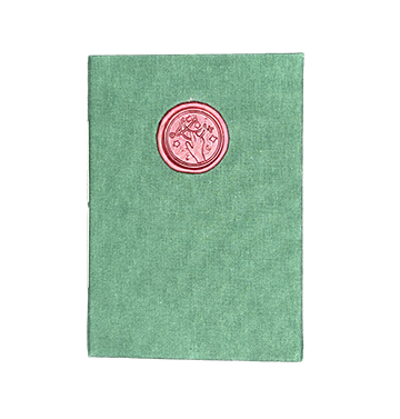 Green textured book with a red wax seal on a white background