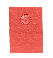 Red notebook with a red wax seal on a white background