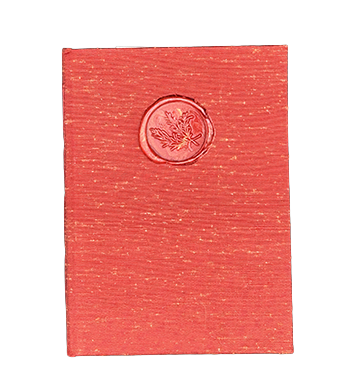 Red notebook with a red wax seal on a white background