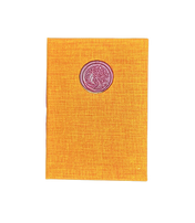 Yellow notebook with a purple wax seal on a white background