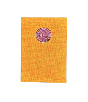 Yellow notebook with a purple wax seal on a white background