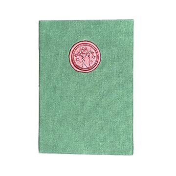 Green textured book with a red wax seal on a white background