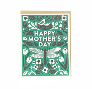 Happy Mother's Day Dragonfly Botanical Letterpress Card