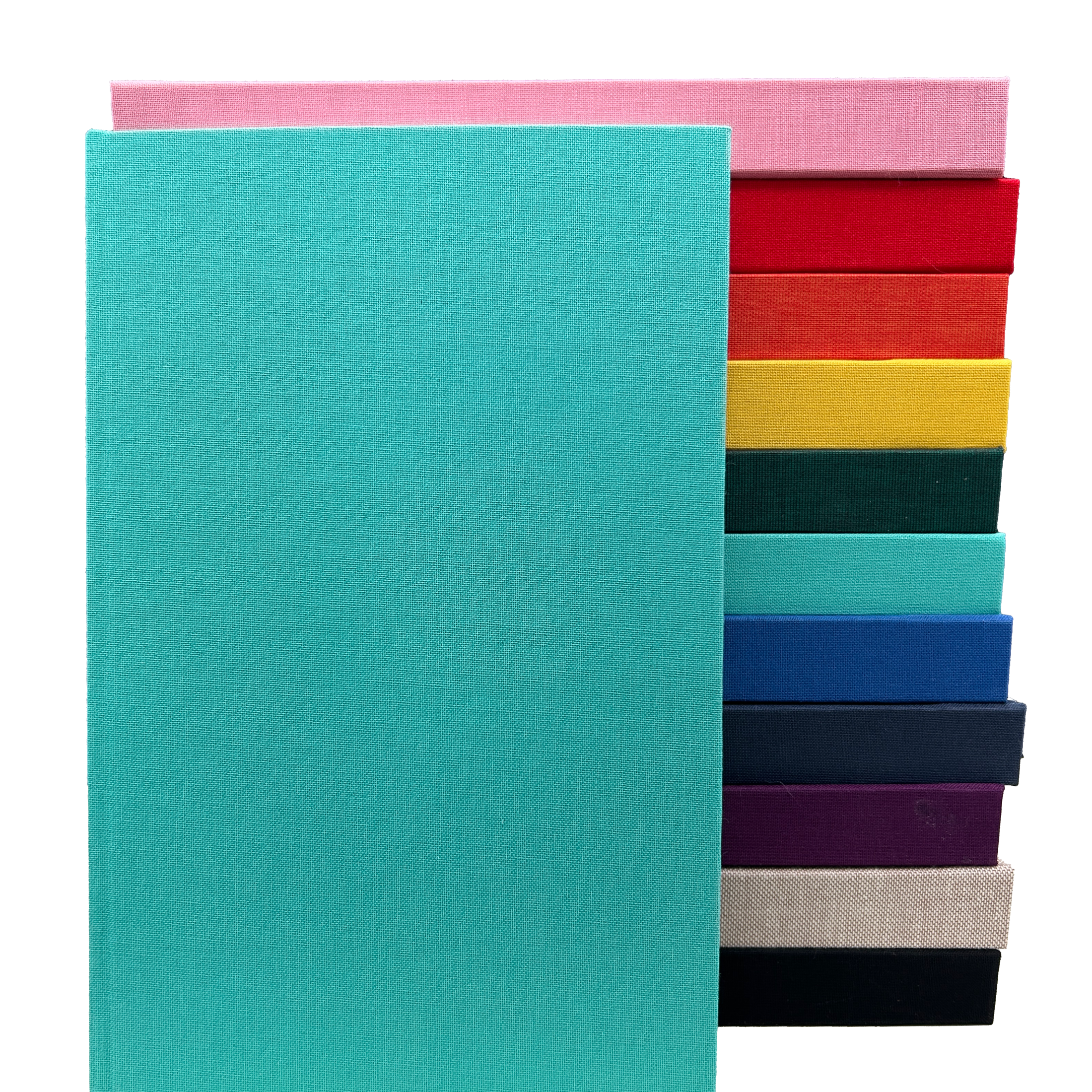 A collection of journals with hard covers in various solid colors including turquoise, pink, red, blue, green, purple, black, and brown.