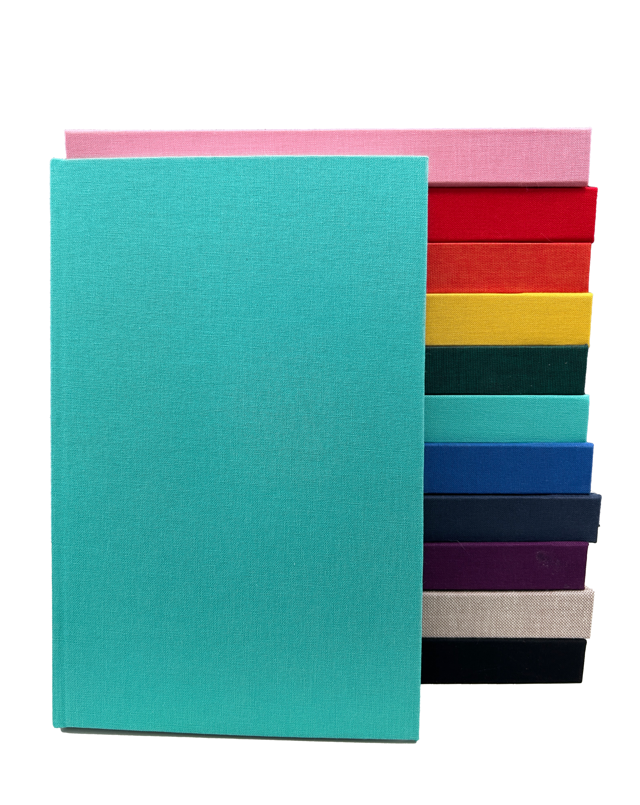 A collection of journals with hard covers in various solid colors including turquoise, pink, red, blue, green, purple, black, and brown.