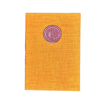 Yellow notebook with a purple wax seal on a white background